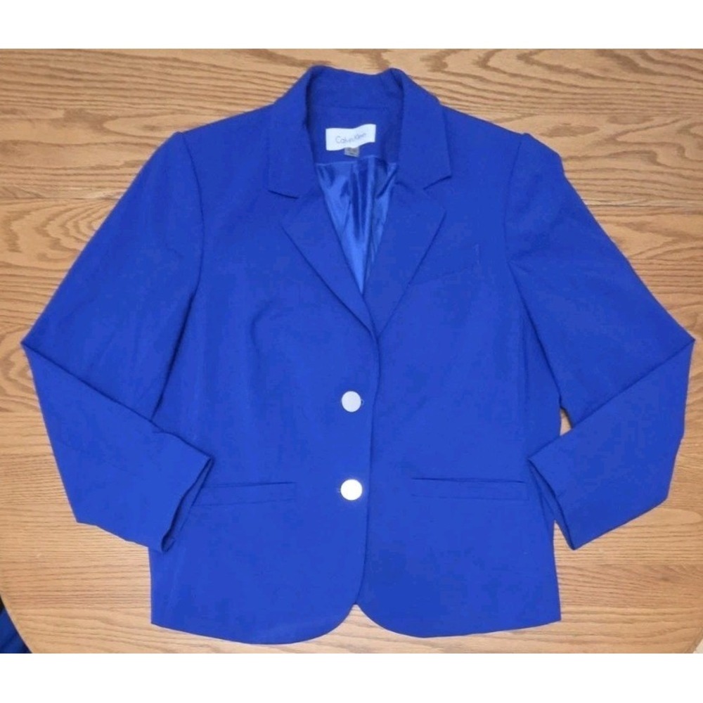 Calvin Klein Womens 16W Royal Blue Career Blazer Jacket Stretch Gold Button